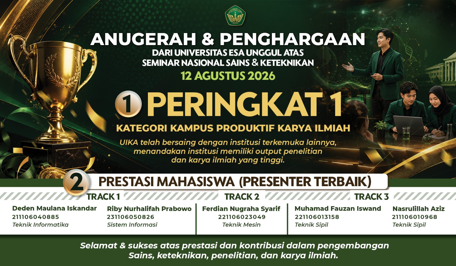 Dokumentasi Seminar Nasional Sains & Keteknikan Esa Unggul: delegasi FTS UIKA Bogor menerima penghargaan Peringkat 1 Kampus Produktif Karya Ilmiah.